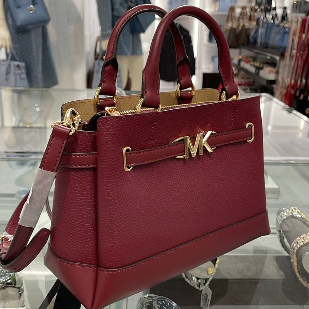 Michael Kors Reed Small Dark Cherry Leather Center Zip Belted Satchel Bag Purse